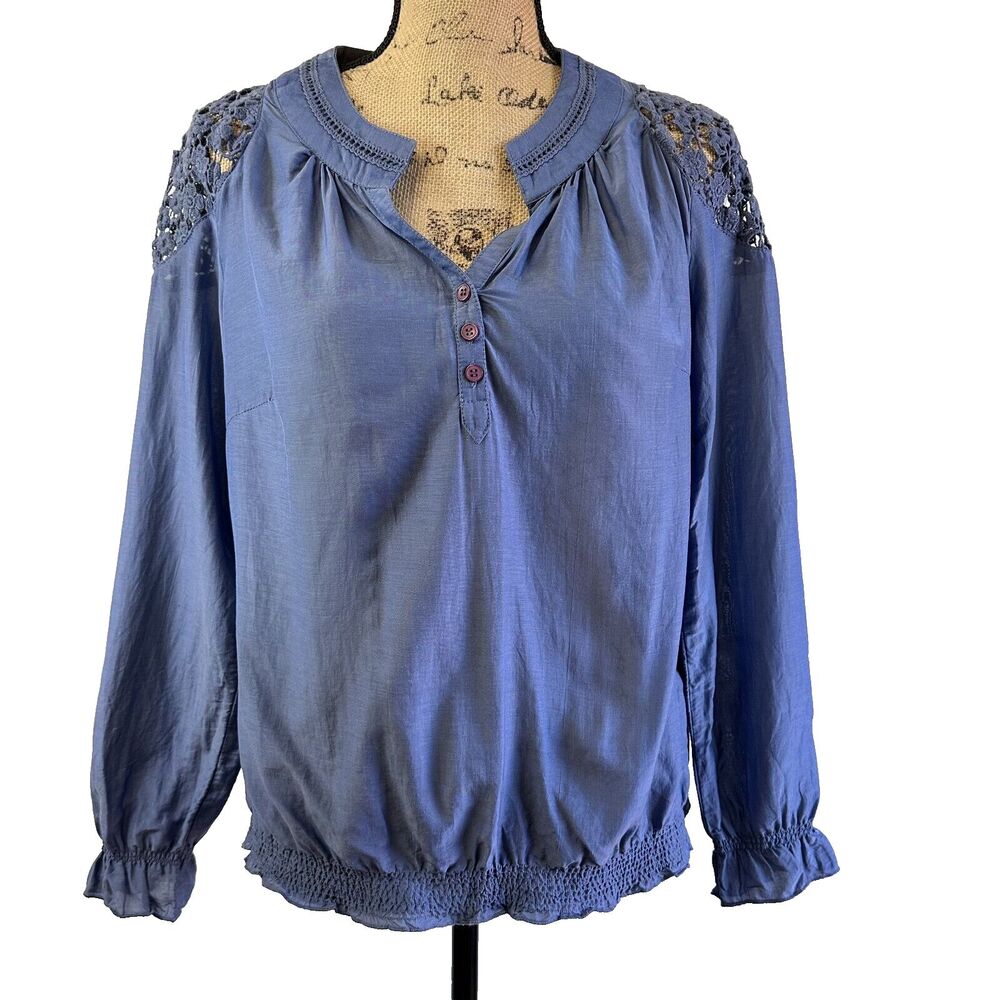 BIANCA Womens Blue Top Gathered Hem Lacy Shoulders 100% Cotton Sz M Cottage Core